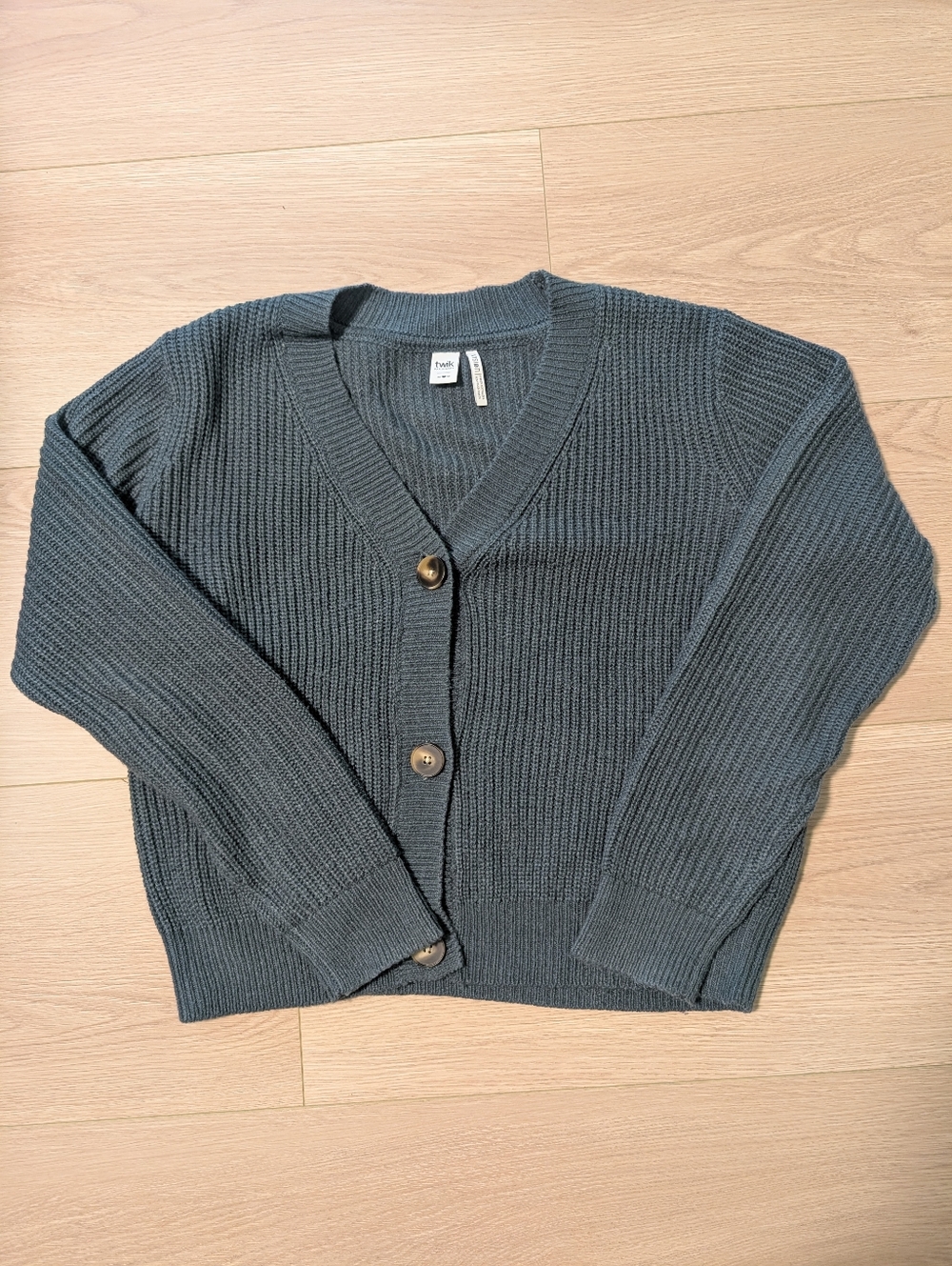 Simons Blue Waffle Knit V-Neck Button Cardigan